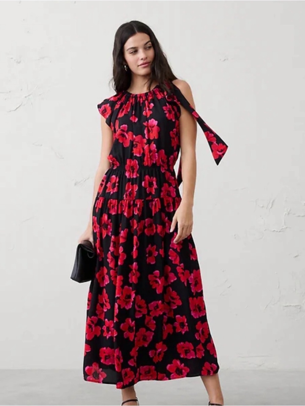 Banana Republic Black & Red Floral Cold-Shoulder Maxi Dress Size M